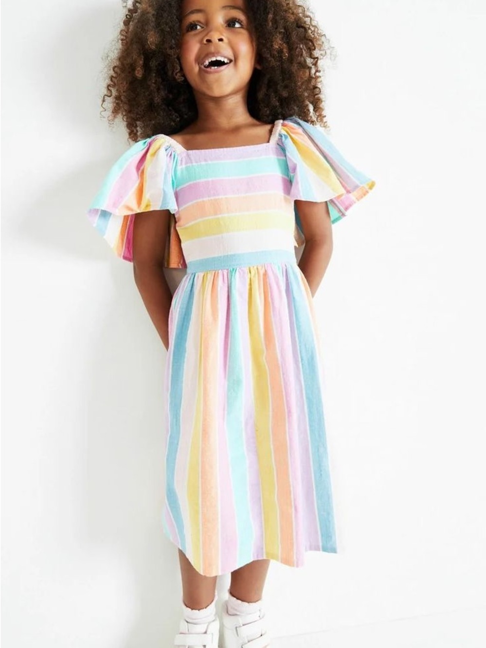 NEXT Girls' Rainbow Stripe Puff Sleeve Dress - Pastel